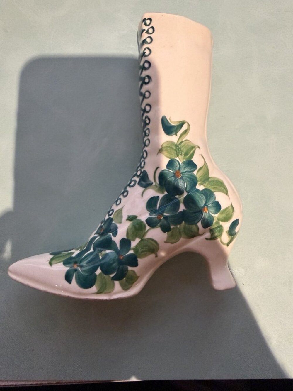 Vintage Cash Family Ceramic Pottery Boot Green and White, Hand Painted, 6.25in